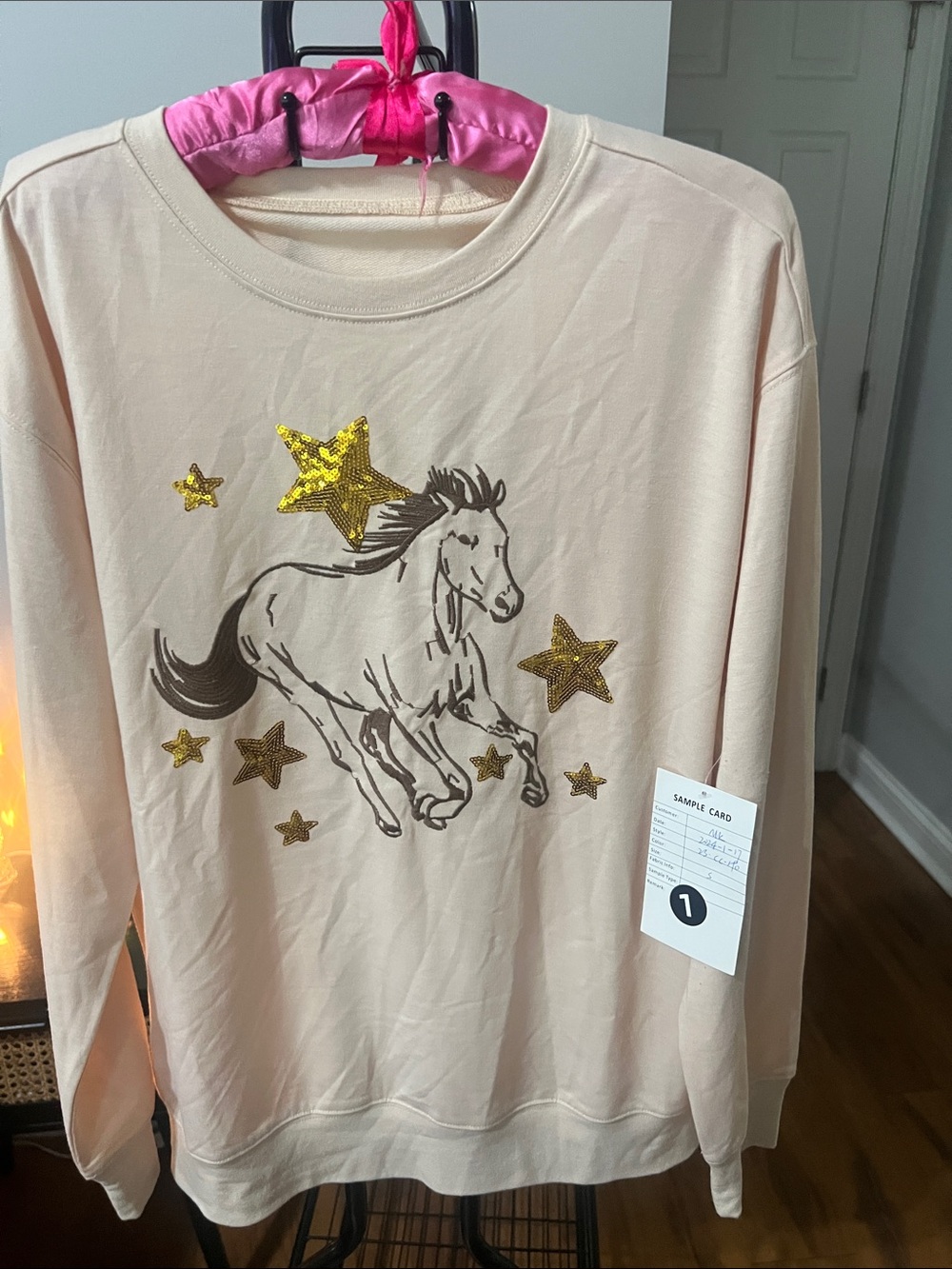 Embroidered Horse Graphic Sweatshirt with Gold Sequined Stars